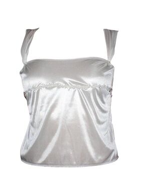Silky ivory satin top with lace ties and floral trim
